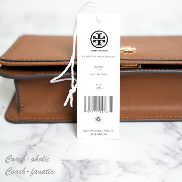 NWT Tory Burch Emerson Saffiano Mini Crossbody Purse Bag Clutch 159463 Moose - Picture 7 of 9